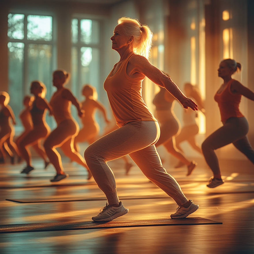 Активні особи старшого віку виконують вправи в просторому світлому залі з інструктором, який демонструє правильну техніку виконання