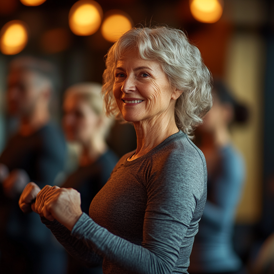 Група осіб старшого віку виконують вправи з гантелями в комфортному середовищі під наглядом професійного тренера