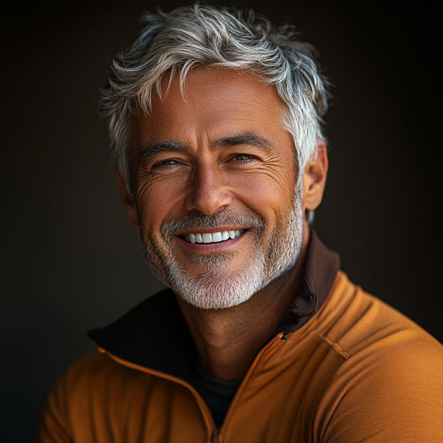 Досвідчений тренер старшого віку з сивим волоссям та дружньою усмішкою у спортивному одязі