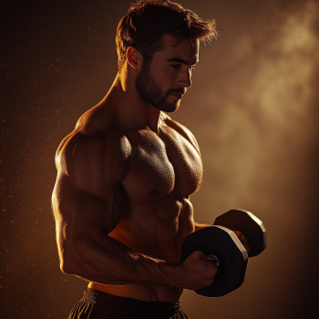 Молодий енергійний чоловік-тренер з атлетичною будовою тіла демонструє вправу з легкими гантелями